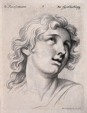 A face expressing rapture. Engraving by M. Engelbrecht (?), 1732, after C. Le Brun.