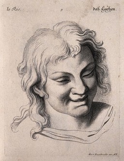 A laughing face. Engraving by M. Engelbrecht (?), 1732, after C. Le Brun.