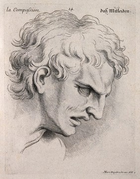 A man's face inclined forward, expressing compassion. Engraving by M. Engelbrecht (?), 1732, after C. Le Brun.