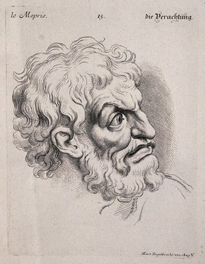 view A bearded man expressing scorn. Engraving by M. Engelbrecht (?), 1732, after C. Le Brun.