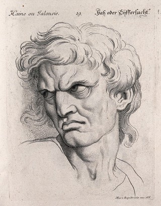 A man glowering, expressing hatred or jealousy. Engraving by M. Engelbrecht (?), 1732, after C. Le Brun.
