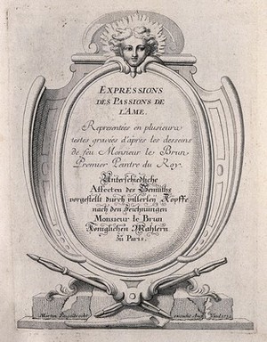 view A monument supported by crossed porte-crayons and surmounted by the head of an angel: frontispiece to the depictions of the passions. Engraving by M. Engelbrecht (?), 1732, after C. Le Brun.