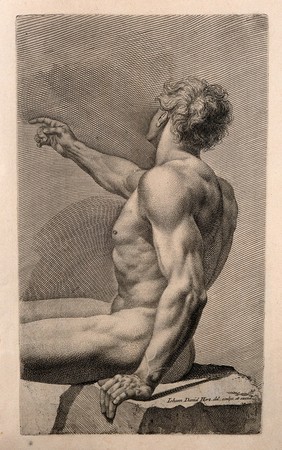 A nude man, sitting and pointing. Engraving by J.D. Herz after himself, c. 1732.