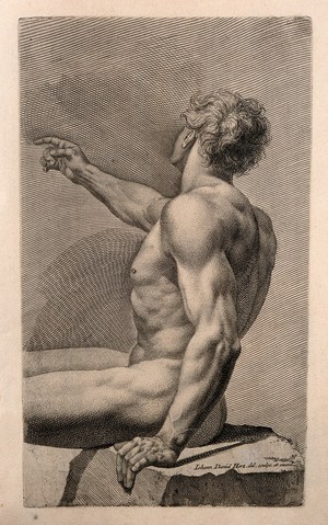 view A nude man, sitting and pointing. Engraving by J.D. Herz after himself, c. 1732.