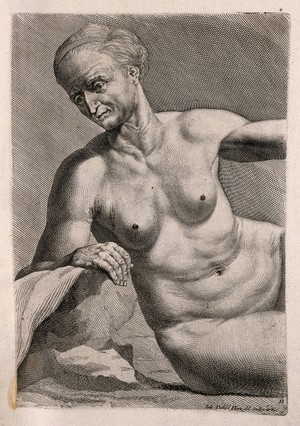 view An old woman, sitting in the nude. Engraving by J.D. Herz after himself, c. 1732.