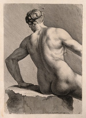 view An old woman sitting in the nude: back view. Engraving by J.D. Herz after himself, c. 1732.