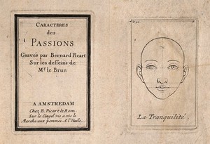 view Frontispiece to Le Brun's 'Passions' (left) and a face expressing tranquillity (right). Etching by B. Picart, 1698, after C. Le Brun.