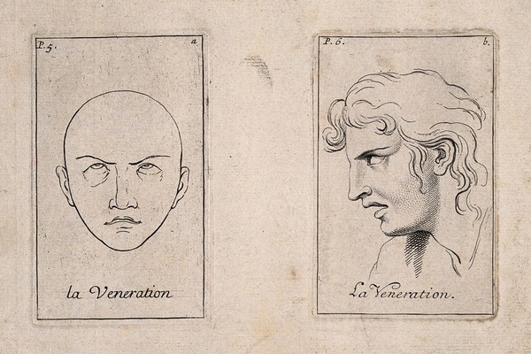 Outline of a face expressing veneration; profile of a male face expressing veneration or a state of attention. Etching by B. Picart, 1713, after C. Le Brun.