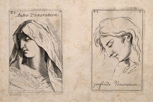 view A shrouded woman (the Virgin Mary?) expressing veneration (left); a young man with inclining head also expressing veneration (right). Etching by B. Picart, 1713, after C. Le Brun.
