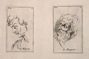 view Two faces expressing scorn, one (left) in outline. Etching by B. Picart, 1713, after C. Le Brun.