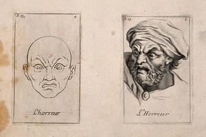 view Two faces, one in outline, expressing horror. Etching by B. Picart, 1713, after C. Le Brun.