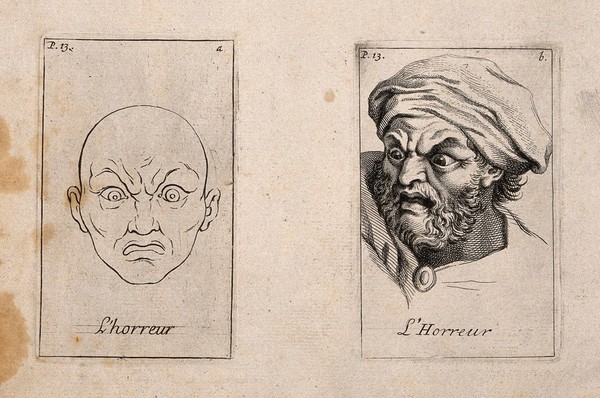 Two faces, one in outline, expressing horror. Etching by B. Picart, 1713, after C. Le Brun.