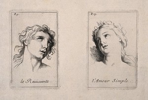 view The face of a woman in ecstasy (left); a female face expressing simple love (right). Etching by B. Picart, 1713, after C. Le Brun.