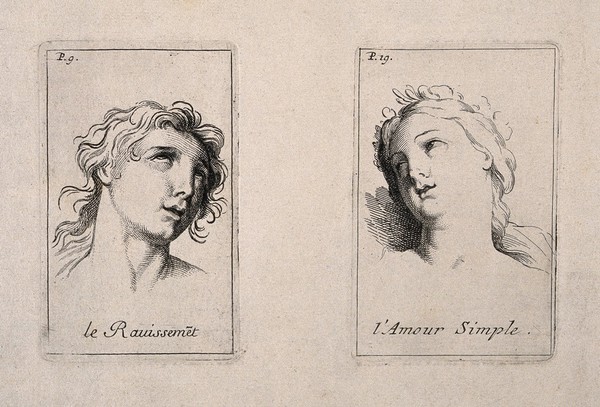 The face of a woman in ecstasy (left); a female face expressing simple love (right). Etching by B. Picart, 1713, after C. Le Brun.