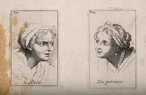 view Head of a woman expressing desire (left); head of a woman expressing hope (right). Etching by B. Picart, 1713, after C. Le Brun.