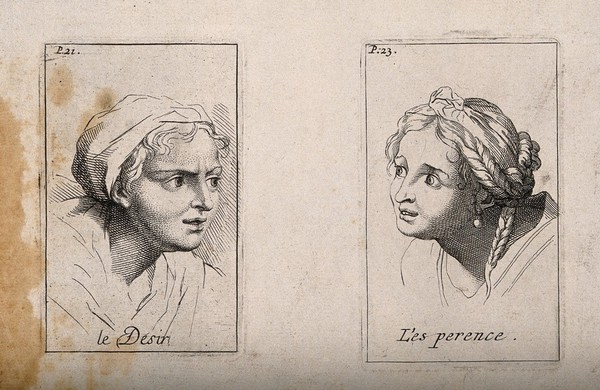 Head of a woman expressing desire (left); head of a woman expressing hope (right). Etching by B. Picart, 1713, after C. Le Brun.