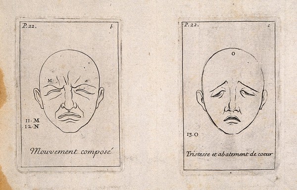 Outlines of faces making mixed and contrary muscular movements (left) and sadness and dejection (right). Etching by B. Picart, 1713, after C. Le Brun.