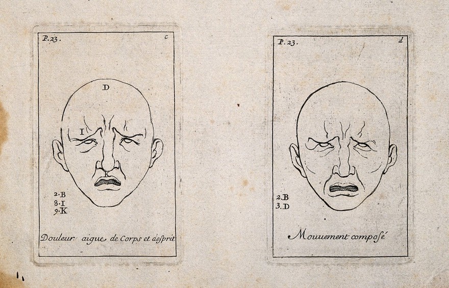 Two outlines of faces expressing joy (left) and the movement of the face in sadness (right). Etching by B. Picart, 1713, after C. Le Brun.