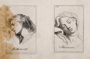 view Two faces expressing dejection. Etching by B. Picart, 1713, after C. Le Brun.