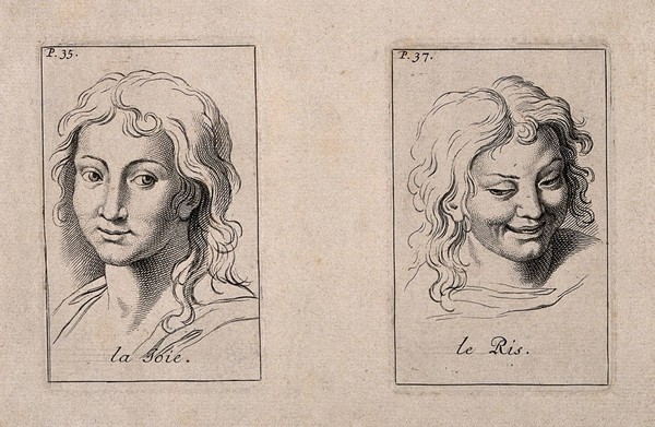 Two faces showing joy and laughter. Etching by B. Picart, 1713, after C. Le Brun.