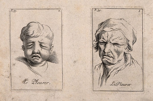 A boy weeping (left) and a man weeping (right). Etching by B. Picart, 1713, after C. Le Brun.