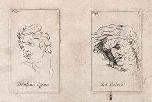 view An outline of a face expressing acute pain (left); a face showing anger. Etching by B. Picart, 1713, after C. Le Brun.