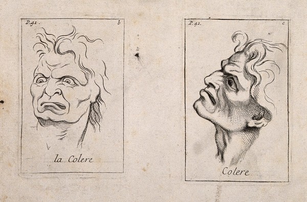 A frontal outline and a profile of faces expressing anger. Etching by B. Picart, 1713, after C. Le Brun.