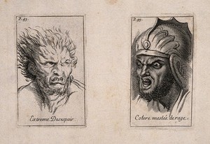 view Two faces: one expressing extreme despair (left), the other anger mixed with rage (right). Etching by B. Picart, 1713, after C. Le Brun.