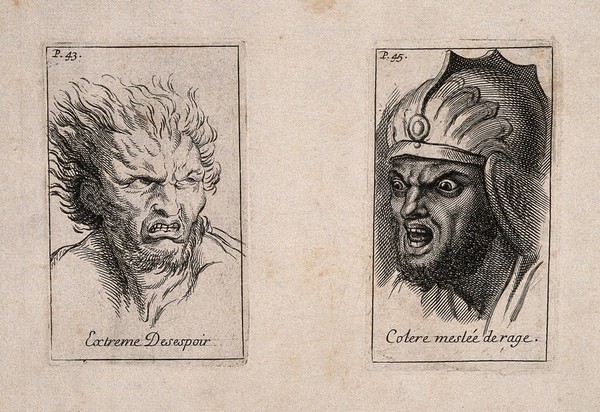 Two faces: one expressing extreme despair (left), the other anger mixed with rage (right). Etching by B. Picart, 1713, after C. Le Brun.