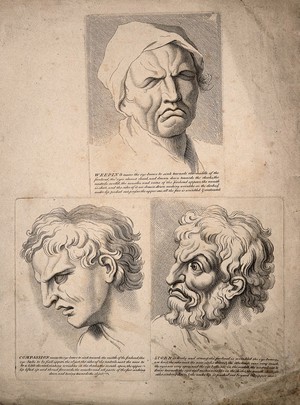 view Three faces: weeping (top), expressing compassion (bottom left), and scorn (bottom right). Engravings after C. Le Brun.