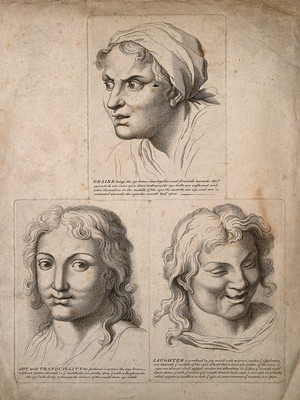 view Three faces: expressing desire (top) and peaceful joy (bottom left), and laughing (bottom right). Engravings after C. Le Brun.