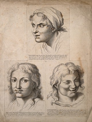 Three faces: expressing desire (top) and peaceful joy (bottom left), and laughing (bottom right). Engravings after C. Le Brun.