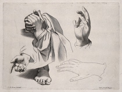 Hands in various gestures, including prayer and benediction. Engraving after C. Le Brun.