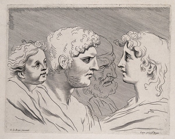 A child and a man look at a woman; an outline of an old man floats between them. Etching after C. Le Brun.
