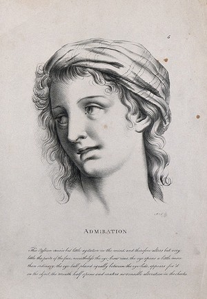 view A female face expressing admiration. Lithograph by P. Simonau, 1822, after C. Le Brun.