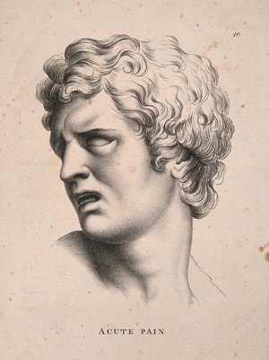 view A face turned away, suffering acute pain. Lithograph by P. Simonau, 1822, after C. Le Brun.