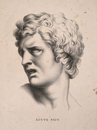 A face turned away, suffering acute pain. Lithograph by P. Simonau, 1822, after C. Le Brun.