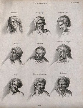 Ten faces expressing the human passions. Engraving by Barlow after C. Le Brun.