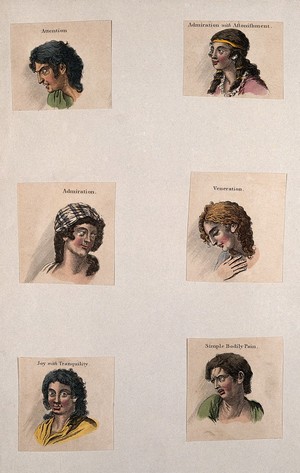 view Six faces expressing the human passions: (clockwise from top left) attention, admiration with astonishment, veneration, simple bodily pain, joy with tranquility, and admiration. Coloured etching, c. 1800, after C. Le Brun.