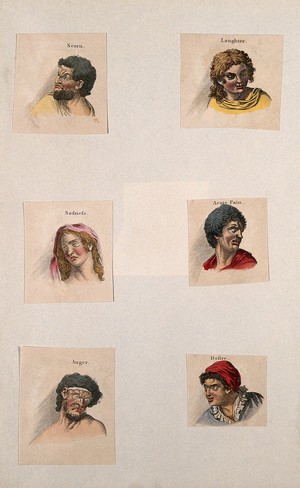 view Six faces expressing the human passions: (clockwise from top left) scorn, laughter, acute pain, desire, anger, sadness. Coloured etching, c. 1800, after C. Le Brun.