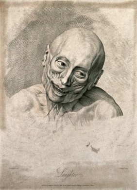 An écorché face showing the movements of facial muscles during laughter. Stipple engraving by H. Singleton (?) after G.T. Stubbs after G. Stubbs, 1815.