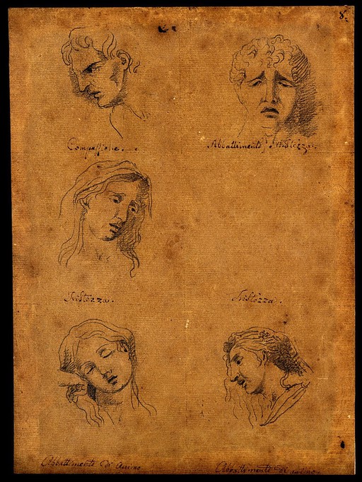 Five faces expressing human passions: (clockwise from top left:) compassion, sadness and dejection of heart, a profile and frontal view of dejection, and sadness. Pen drawing after C. Le Brun