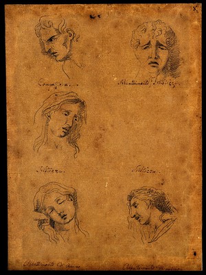 view Five faces expressing human passions: (clockwise from top left:) compassion, sadness and dejection of heart, a profile and frontal view of dejection, and sadness. Pen drawing after C. Le Brun.