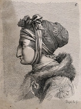 A woman with a long, vertical nose, wearing an elaborate hat and a fur hood. Engraving by B. Bossi, 1776 (?), after himself.