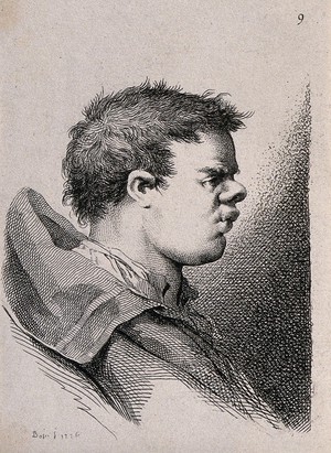 view A young man in caricature, the features of his face bunched up into a small area. Engraving by B. Bossi, 1776, after himself.