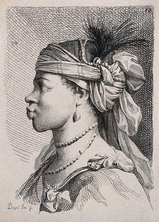 A woman (possibly intended to be African) with pouting lips in elaborate head gear. Engraving by B. Bossi, 1776 (?), after himself.