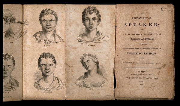 Four faces expressing the passions: (clockwise from top left) hatred, wonder, love and jealousy; and (right) the frontispiece to the book containing the illustrations, a manual of acting. Engraving by Silvester, 1807.