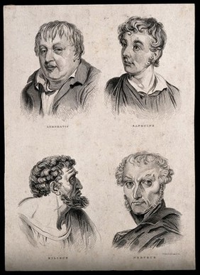 Four heads of men who each exhibit one of the four temperaments: (clockwise from top left) lymphatic, sanguine, bilious, and nervous. Engraving by W. Johnson and A.K. Johnson, early 19th century.