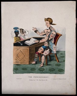A physiognomist whose body is entirely made up of faces, sitting at a table diagnosing people's physiognomic characteristics with the help of a book. Coloured lithograph by G.E. Madeley after G. Spratt, 1831.