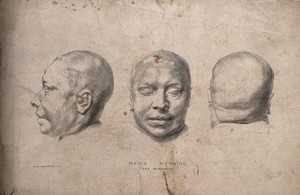 view The death-mask of Maria Manning, the murderer: three views. Lithograph by John Lane.